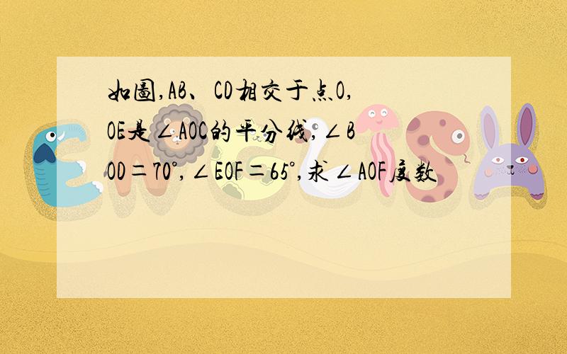 如图,AB、CD相交于点O,OE是∠AOC的平分线,∠BOD＝70°,∠EOF＝65°,求∠AOF度数