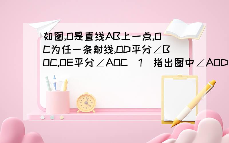 如图,O是直线AB上一点,OC为任一条射线,OD平分∠BOC,OE平分∠AOC（1）指出图中∠AOD与∠BOE的补角；（2）试说∠COD与∠COE具有怎样的数量关系.