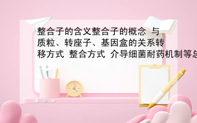 整合子的含义整合子的概念 与质粒、转座子、基因盒的关系转移方式 整合方式 介导细菌耐药机制等总之 Thank you!