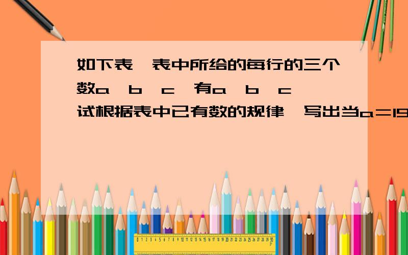 如下表,表中所给的每行的三个数a、b、c,有a＜b＜c,试根据表中已有数的规律,写出当a＝19时,b,c的值,并把b、c用含a的代数式表示出来