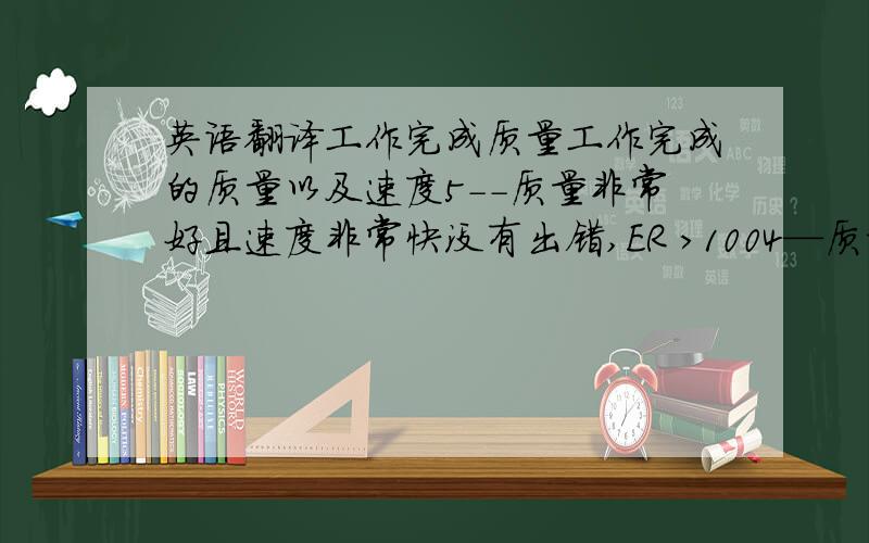 英语翻译工作完成质量工作完成的质量以及速度5--质量非常好且速度非常快没有出错,ER >1004—质量很好,速度一般没有出错,70-100ER3—质量很好,速度很慢没有出错,40-70ER2--质量一般,速度一般发