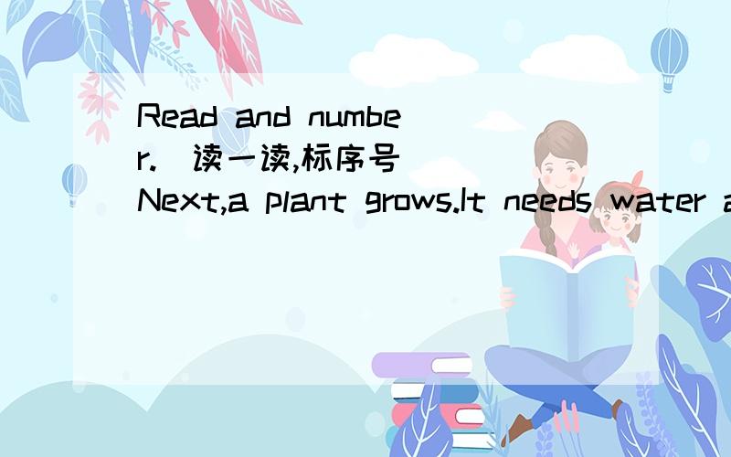 Read and number.(读一读,标序号)（ ）Next,a plant grows.It needs water and light.( ) The seeds fall to the ground again.The wind takes the seeds to new soil.( ) Then,a flower grows.( ) First,seeds fall on the ground.Their roots go into the soi