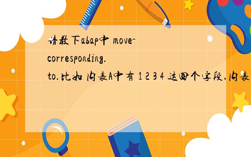 请教下abap中 move-corresponding.to.比如 内表A中有 1 2 3 4 这四个字段,内表B中有 1 5 6 7 8 这5个字段,我用move-corresponding A to B ,为什么内表B得到结果只是一个 1字段的值,其他字段都为空值,有什么办法