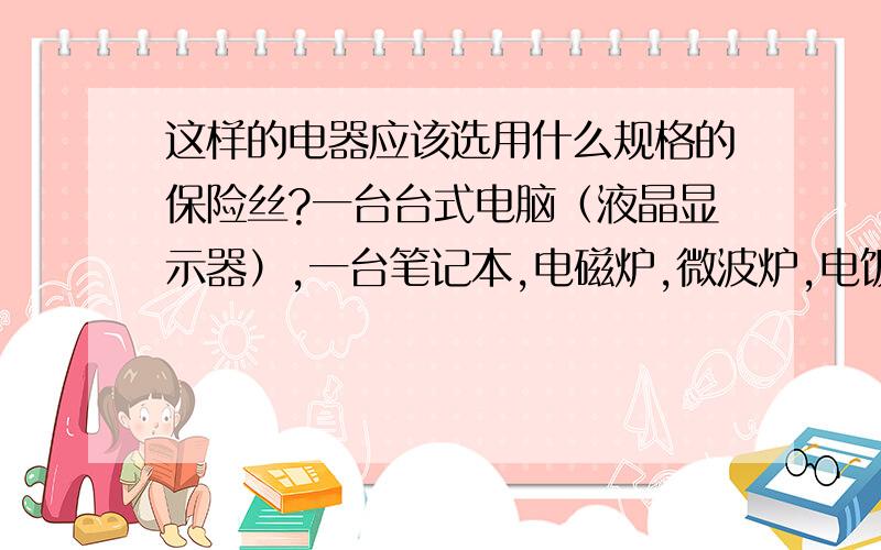 这样的电器应该选用什么规格的保险丝?一台台式电脑（液晶显示器）,一台笔记本,电磁炉,微波炉,电饭煲,电视机（非液晶,29寸）,洗衣机,一台空调（挂式）,各种充电器,各种节能灯老房子用铅