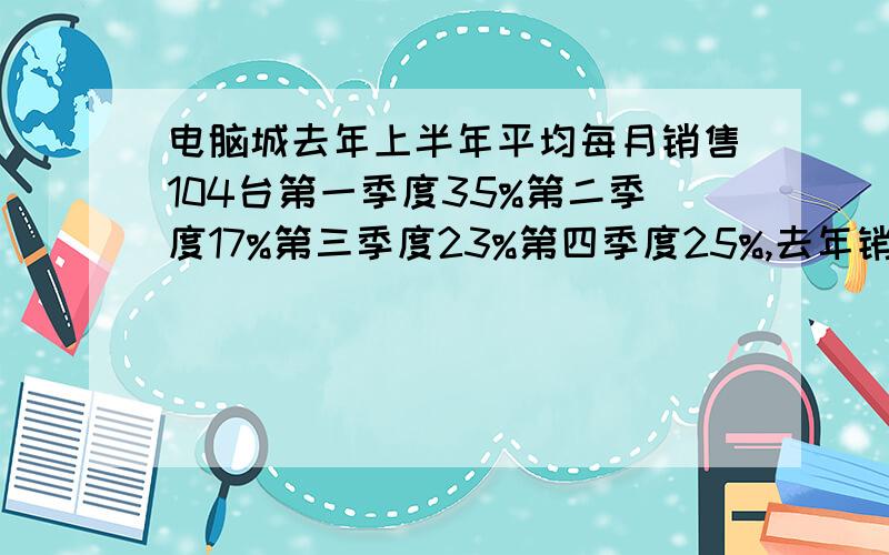 电脑城去年上半年平均每月销售104台第一季度35%第二季度17%第三季度23%第四季度25%,去年销售总量为多少急