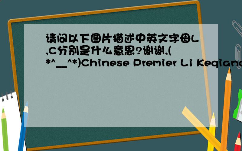 请问以下图片描述中英文字母L,C分别是什么意思?谢谢,(*^__^*)Chinese Premier Li Keqiang (L, front) talks with employees of Guodian United Power Technology (Chifeng) Co.,Ltd. in Chifeng City, north China's Inner Mongolia Autonomo