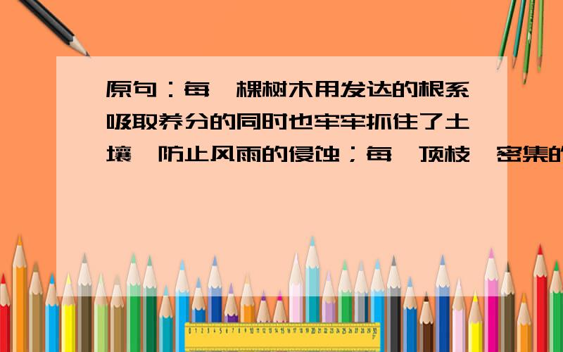 原句：每一棵树木用发达的根系吸取养分的同时也牢牢抓住了土壤,防止风雨的侵蚀；每一顶枝丫密集的树冠能够阻拦雨水,让大雨变小,急雨变缓,削弱对我的直接冲击；每一片绿叶还具有吸收