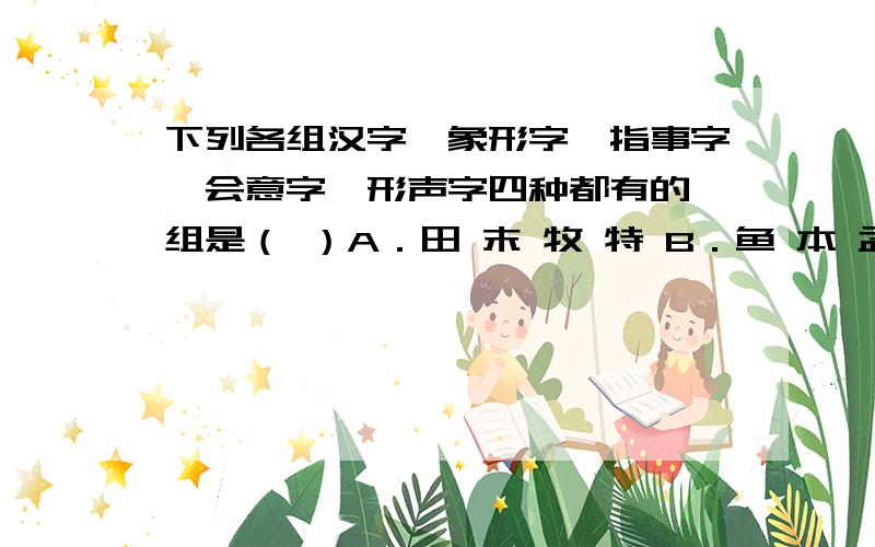 下列各组汉字,象形字、指事字、会意字、形声字四种都有的一组是（ ）A．田 末 牧 特 B．鱼 本 孟 恭C．人 上 逐 苏 D．刀 刃 亦 泪