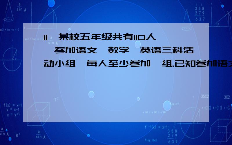 11、某校五年级共有110人,参加语文、数学、英语三科活动小组,每人至少参加一组.已知参加语文小组的有52