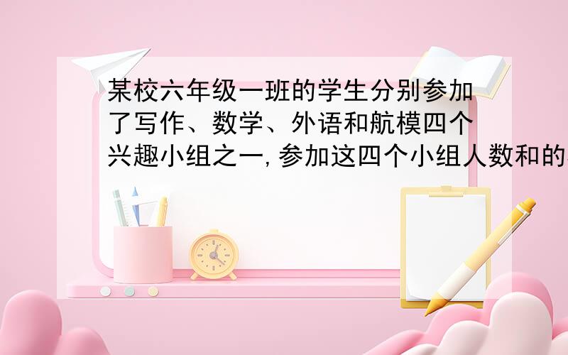 某校六年级一班的学生分别参加了写作、数学、外语和航模四个兴趣小组之一,参加这四个小组人数和的5又3分之2倍是255人,每个小组人数的3分之2都不相等,并且都是整数,数学组的人数最多,但