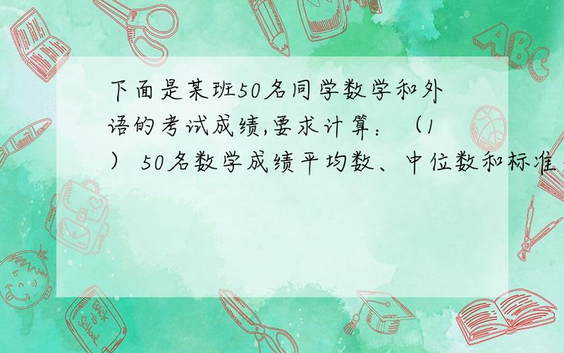 下面是某班50名同学数学和外语的考试成绩,要求计算：（1） 50名数学成绩平均数、中位数和标准差； （2）下面是某班50名同学数学和外语的考试成绩,要求计算：（1） 50名数学成绩平均数、