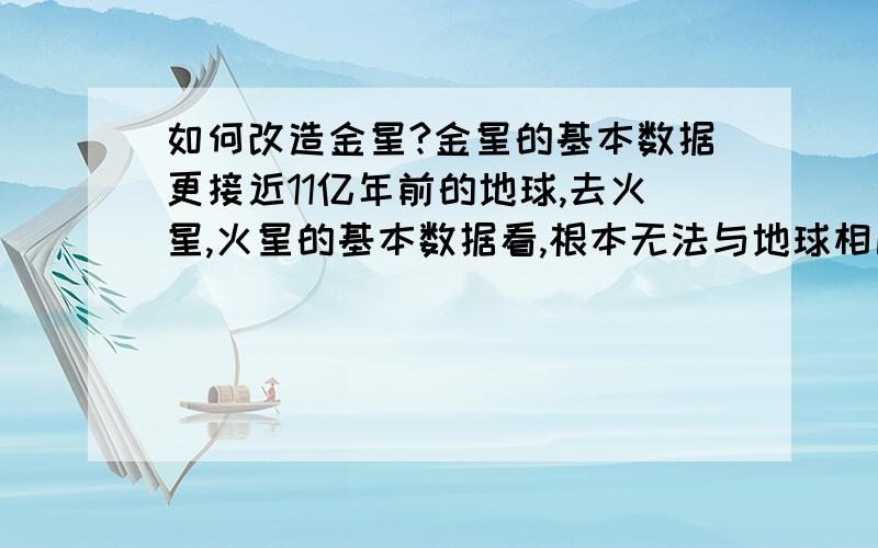 如何改造金星?金星的基本数据更接近11亿年前的地球,去火星,火星的基本数据看,根本无法与地球相比.地球形成之前,的质量就大于火星许多倍.改造金星其实很容易,将小行星带上合适岩石改变