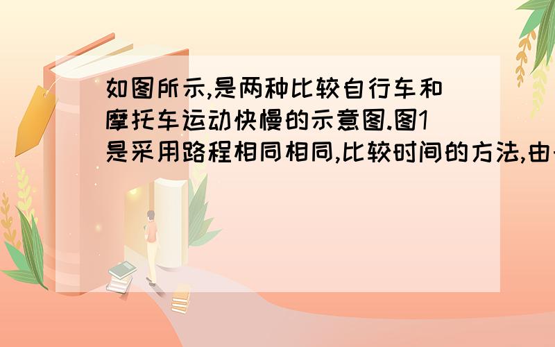 如图所示,是两种比较自行车和摩托车运动快慢的示意图.图1是采用路程相同相同,比较时间的方法,由于摩托车__________________,所以它运动的快.