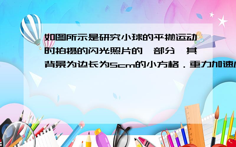 如图所示是研究小球的平抛运动时拍摄的闪光照片的一部分,其背景为边长为5cm的小方格．重力加速度取10m/s2．由此可知（1）闪光的频率为 Hz．（2）小球抛出时初速度大小为 m/s．（3）从抛