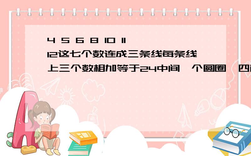 4 5 6 8 10 11 12这七个数连成三条线每条线上三个数相加等于24中间一个圆圈  四面六个圆圈  每条线上的三个圆圈里的数加起来得数是24