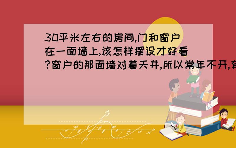 30平米左右的房间,门和窗户在一面墙上,该怎样摆设才好看?窗户的那面墙对着天井,所以常年不开,有大床一张,床头柜两个,衣柜一个,想有一块地方铺地毯休闲.