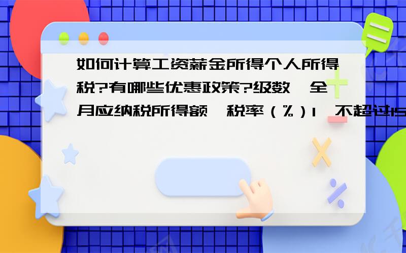 如何计算工资薪金所得个人所得税?有哪些优惠政策?级数全月应纳税所得额税率（%）1不超过1500元的32超过1500元至4500元的部分103超过4500元至9000元的部分204超过9000元至35000元的部分255