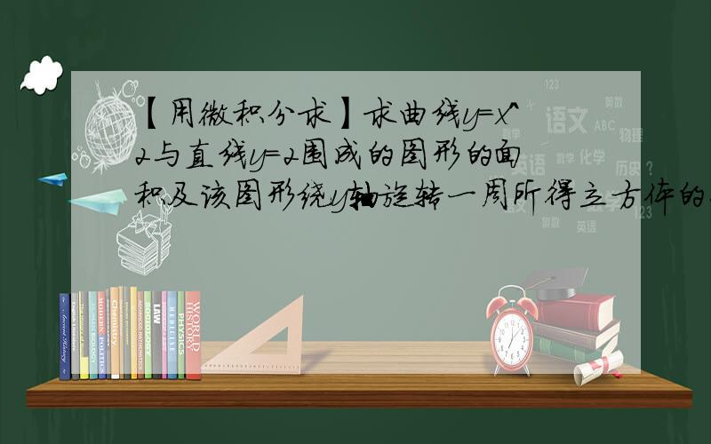 【用微积分求】求曲线y=x^2与直线y=2围成的图形的面积及该图形绕y轴旋转一周所得立方体的体积