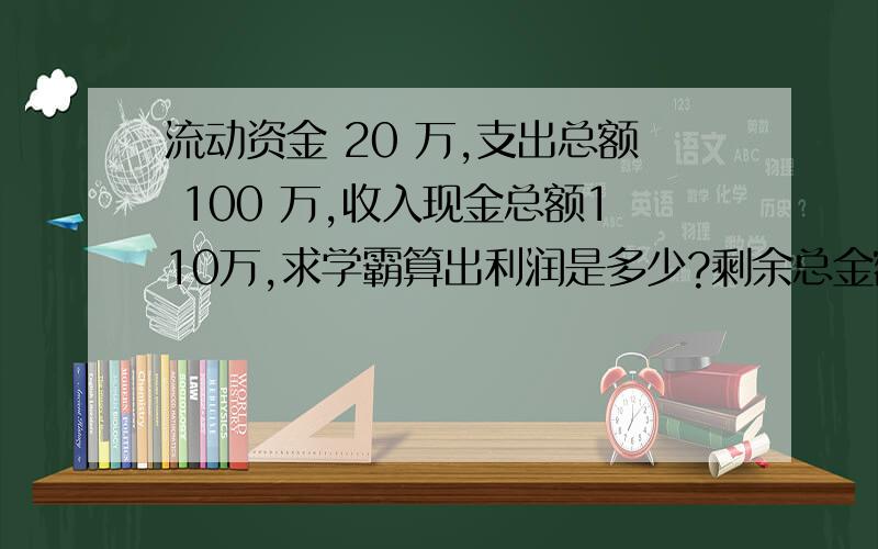 流动资金 20 万,支出总额 100 万,收入现金总额110万,求学霸算出利润是多少?剩余总金额是多少？