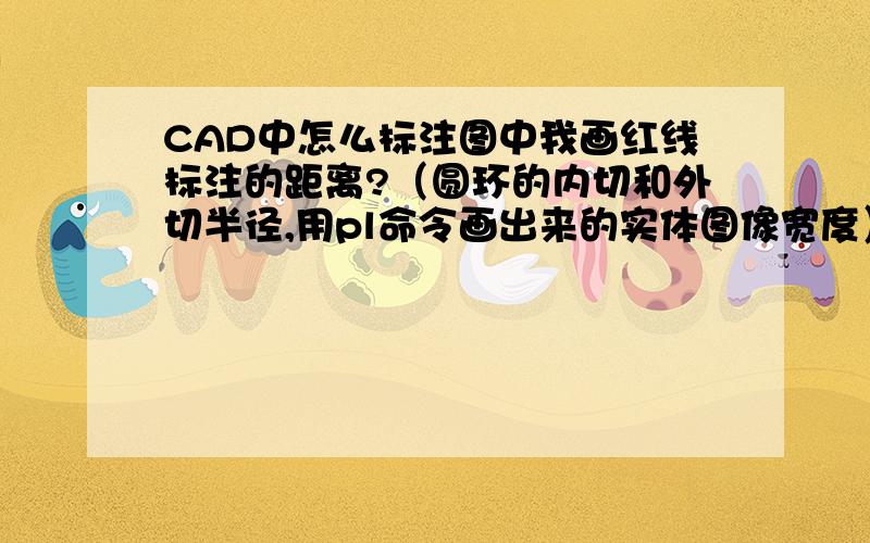 CAD中怎么标注图中我画红线标注的距离?（圆环的内切和外切半径,用pl命令画出来的实体图像宽度）