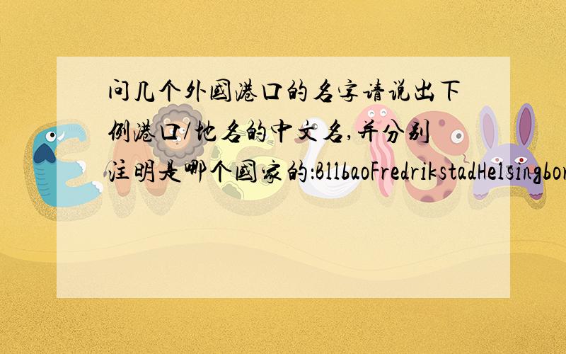 问几个外国港口的名字请说出下例港口/地名的中文名,并分别注明是哪个国家的：BllbaoFredrikstadHelsingborgKleipedaKristiansandLarvikMalmoeMantyluoloNorrkoping倒数第二个应该是Mantyluoto其他的拼写没错