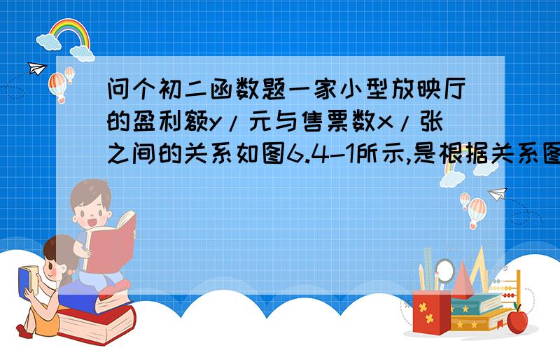 问个初二函数题一家小型放映厅的盈利额y/元与售票数x/张之间的关系如图6.4-1所示,是根据关系图回答下列问题当售票数x满足0＜x≤150时,盈利额y/元与x之间的函数关系式是——当销售数x满足1