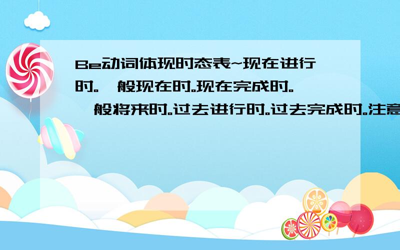 Be动词体现时态表~现在进行时。一般现在时。现在完成时。一般将来时。过去进行时。过去完成时。注意是Be动词体现！！！