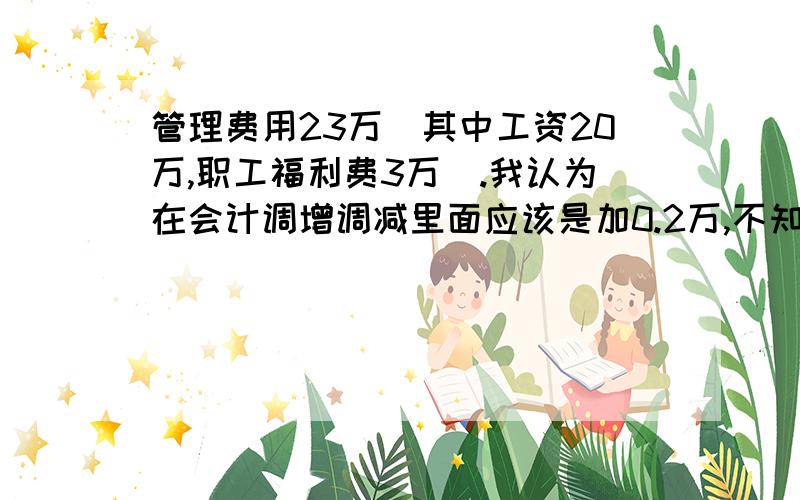 管理费用23万（其中工资20万,职工福利费3万）.我认为在会计调增调减里面应该是加0.2万,不知道对不对.