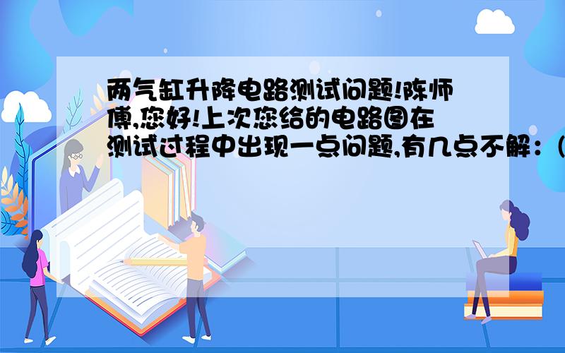 两气缸升降电路测试问题!陈师傅,您好!上次您给的电路图在测试过程中出现一点问题,有几点不解：(4个限位开关都用的磁性的）SQ2,SQ3一直处于接通状态（在气缸伸缩过程中）,不知道是否是