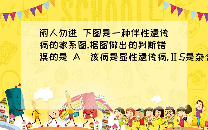 闲人勿进 下图是一种伴性遗传病的家系图,据图做出的判断错误的是 A．该病是显性遗传病,Ⅱ5是杂合子B．Ⅲ7与正常女性结婚,子女都不患病C．该致病基因位于X染色体的同源区段上,Y染色体上