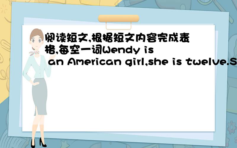 阅读短文,根据短文内容完成表格,每空一词Wendy is an American girl,she is twelve.She has a younger sister.Her sister and she are both at school.They go to school from Monday to Friday.They don't have any classes on Saturdays or Sundays