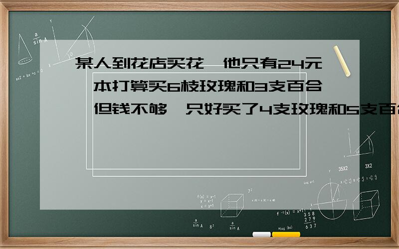 某人到花店买花,他只有24元,本打算买6枝玫瑰和3支百合,但钱不够,只好买了4支玫瑰和5支百合,F某人到花店买花,他只有24元,本打算买6枝玫瑰和3支百合,但钱不够,只好买了4支玫瑰和5支百合,这