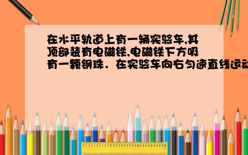 在水平轨道上有一辆实验车,其顶部装有电磁铁,电磁铁下方吸有一颗钢珠．在实验车向右匀速直线运动的过程中,钢珠因断电下落．如图是描述钢珠下落的四个示意图,图中虚线表示钢珠下落的