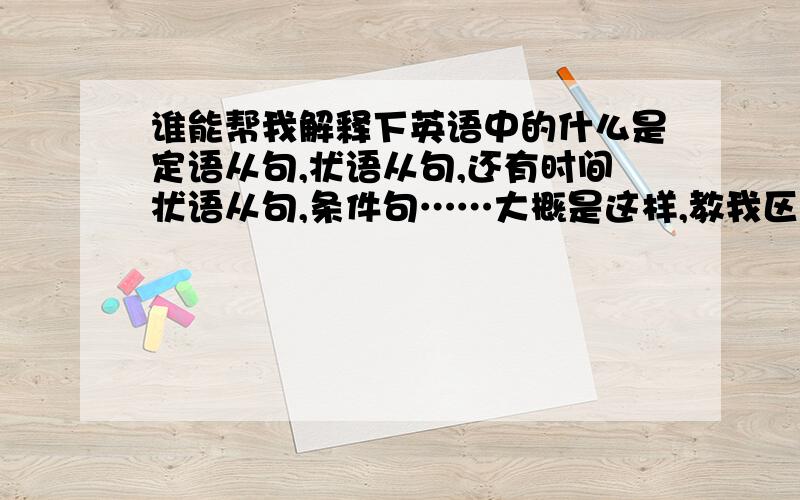 谁能帮我解释下英语中的什么是定语从句,状语从句,还有时间状语从句,条件句……大概是这样,教我区分!