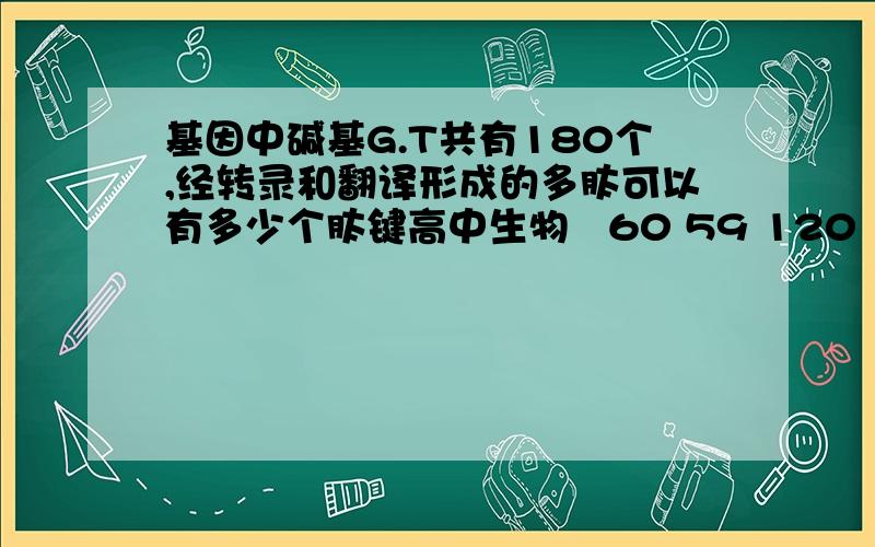 基因中碱基G.T共有180个,经转录和翻译形成的多肽可以有多少个肽键高中生物   60 59 120 119   四个答案