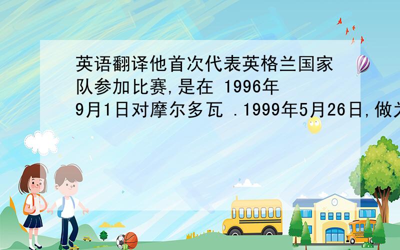 英语翻译他首次代表英格兰国家队参加比赛,是在 1996年9月1日对摩尔多瓦 .1999年5月26日,做为中场主将,赢得冠军.1999年12月,入选了99年欧洲全明星阵容.1999年7月,与原辣妹演唱组成员维多莉亚R