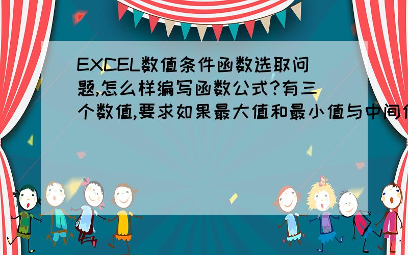 EXCEL数值条件函数选取问题,怎么样编写函数公式?有三个数值,要求如果最大值和最小值与中间值的差值都不超过中间值的15%则取平均值,如果最大值或是最小值有一个和中间值的差值超过中间