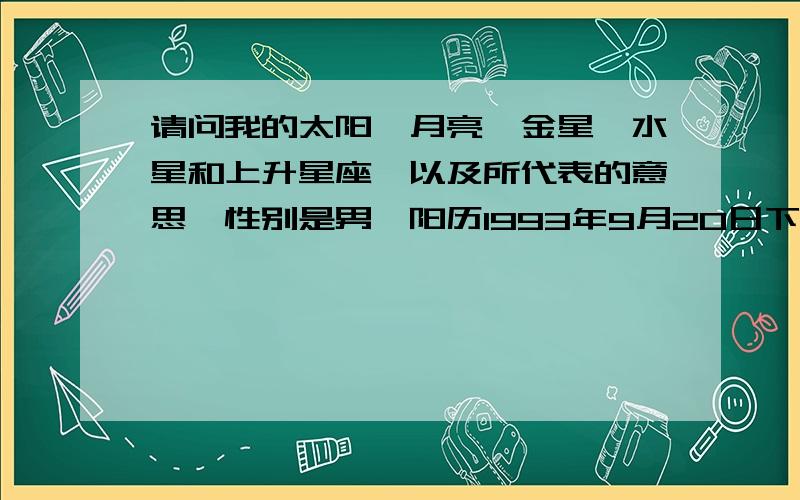 请问我的太阳、月亮、金星、水星和上升星座,以及所代表的意思,性别是男,阳历1993年9月20日下午4时45分出生在湖北武汉,想知道我的太阳、月亮、金星、水星和上升星座,以及所代表的意思,