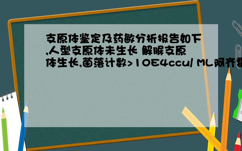 支原体鉴定及药敏分析报告如下,人型支原体未生长 解脲支原体生长,菌落计数>10E4ccu/ ML阿齐霉素:敏感克拉霉素:敏感强力霉素:耐药交沙霉素:敏感左旋痒氟沙星:敏感美满霉素:耐药氧氟沙星:中