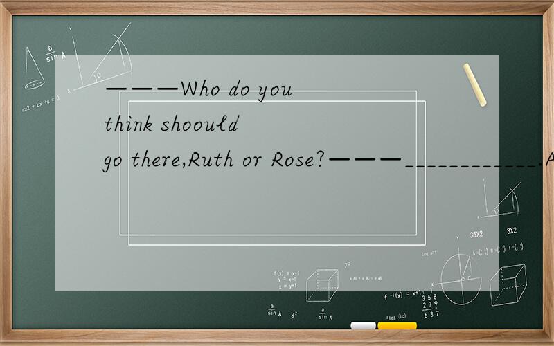 ———Who do you think shoould go there,Ruth or Rose?———____________.A、Don't ask me like that（请翻译）B 、Any of them（请翻译）C、Sorry,it's hard to say（请翻译）D、They all（请翻译）