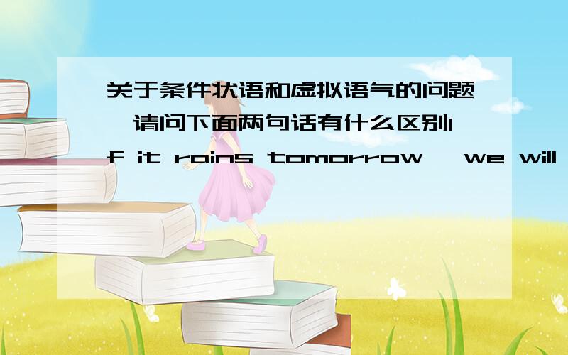 关于条件状语和虚拟语气的问题,请问下面两句话有什么区别If it rains tomorrow ,we will not go out.If it were to rain tomorrow ,we would not go out.我知道第二句是虚拟语气,但不知道在表达上有什么差别,什么