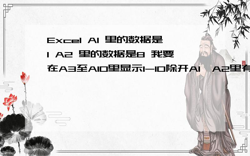 Excel A1 里的数据是1 A2 里的数据是8 我要在A3至A10里显示1-10除开A1,A2里有的数字,公式怎么写?