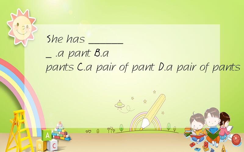 She has _______ .a pant B.a pants C.a pair of pant D.a pair of pants