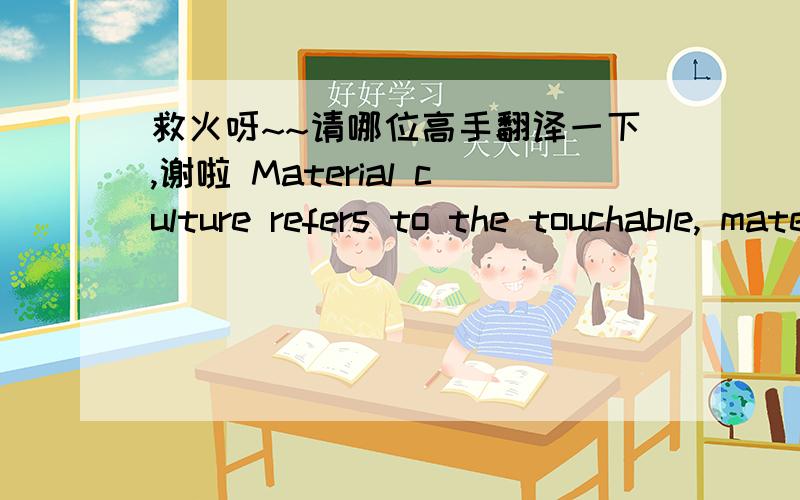 救火呀~~请哪位高手翻译一下,谢啦 Material culture refers to the touchable, material全句如下：Material culture refers to the touchable, material “things”—physical objects that can be seen, held, felt, used—that a culture prod