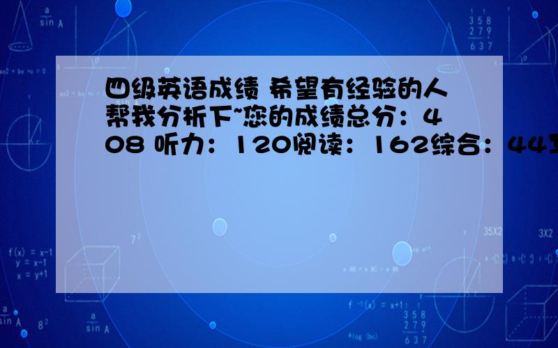 四级英语成绩 希望有经验的人帮我分析下~您的成绩总分：408 听力：120阅读：162综合：44写作：8212月份要考~希望大家帮我分析下~还有问下~综合是什么？就完型填空吗？