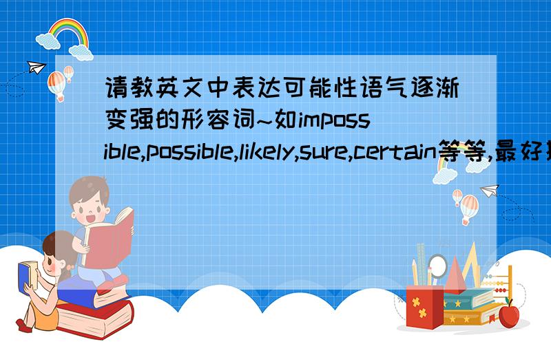 请教英文中表达可能性语气逐渐变强的形容词~如impossible,possible,likely,sure,certain等等,最好排下序,