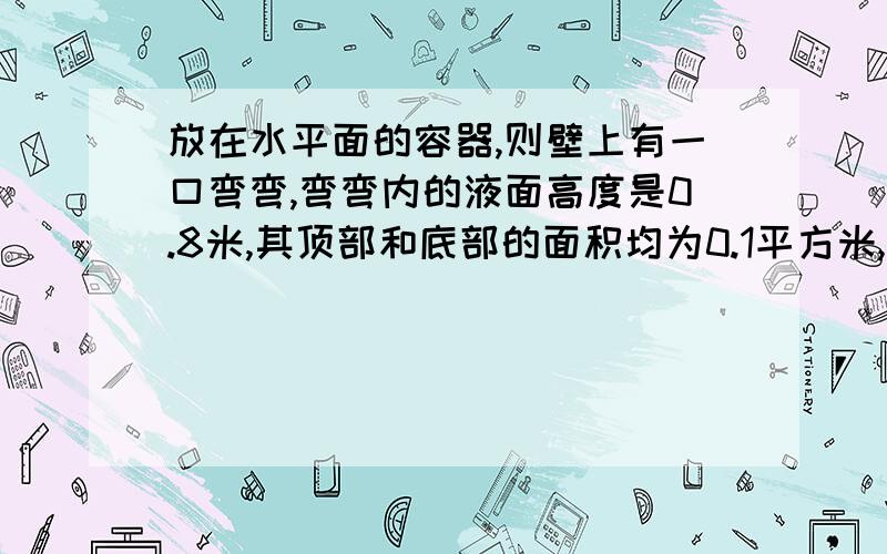 放在水平面的容器,则壁上有一口弯弯,弯弯内的液面高度是0.8米,其顶部和底部的面积均为0.1平方米,顶部到底部的高度是0.6米,容器中的液体的密度是1.2乘以10的3次方千克每立方米,求液体对容