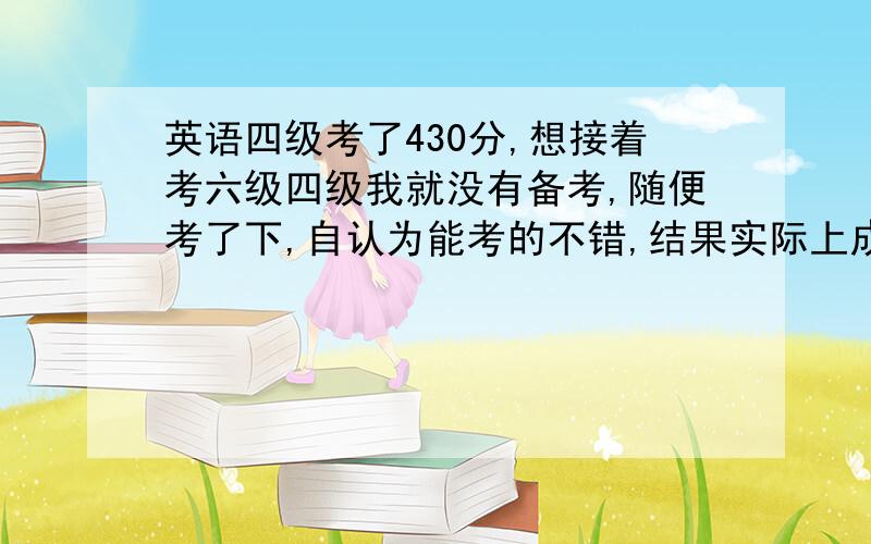 英语四级考了430分,想接着考六级四级我就没有备考,随便考了下,自认为能考的不错,结果实际上成绩只是刚刚过而已.看来不能眼高手低了,准备细致复习一下,迎战六级.