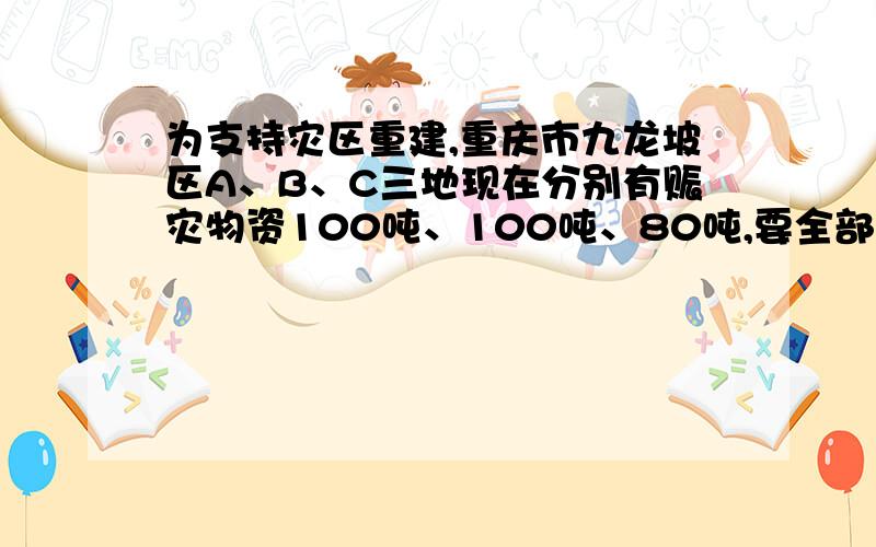 为支持灾区重建,重庆市九龙坡区A、B、C三地现在分别有赈灾物资100吨、100吨、80吨,要全部运往D、E两县．根据实际需要,这批物资运往D县的数量比运往E县的2倍少20吨． （1）求运往D、E两县的