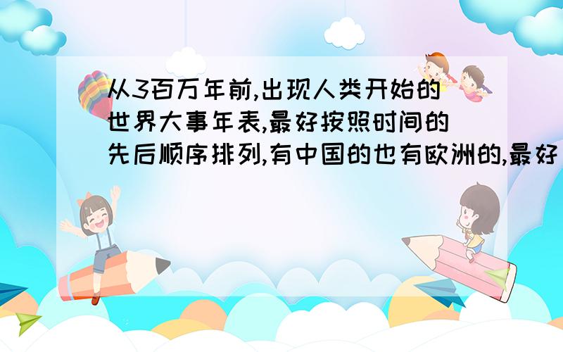 从3百万年前,出现人类开始的世界大事年表,最好按照时间的先后顺序排列,有中国的也有欧洲的,最好 还有期间出现的 文明,像什么 “两河文明”“爱琴文明”等,文化成果等,越详细越好.